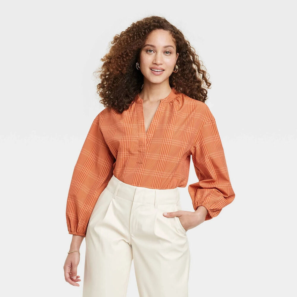 A New Day Blouse WMNS  M Rust Orange Textured Balloon Sleeve Soft Minimalist